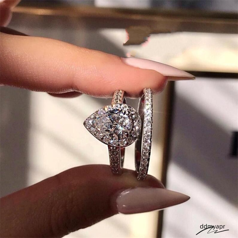 Classical Wedding Rings Jewelry Real Sterling Sier Water Drop 5A Zircon CZ Dia Gemstones Party Eternity Women Couple ddmyday Bridal Ring Set Gift