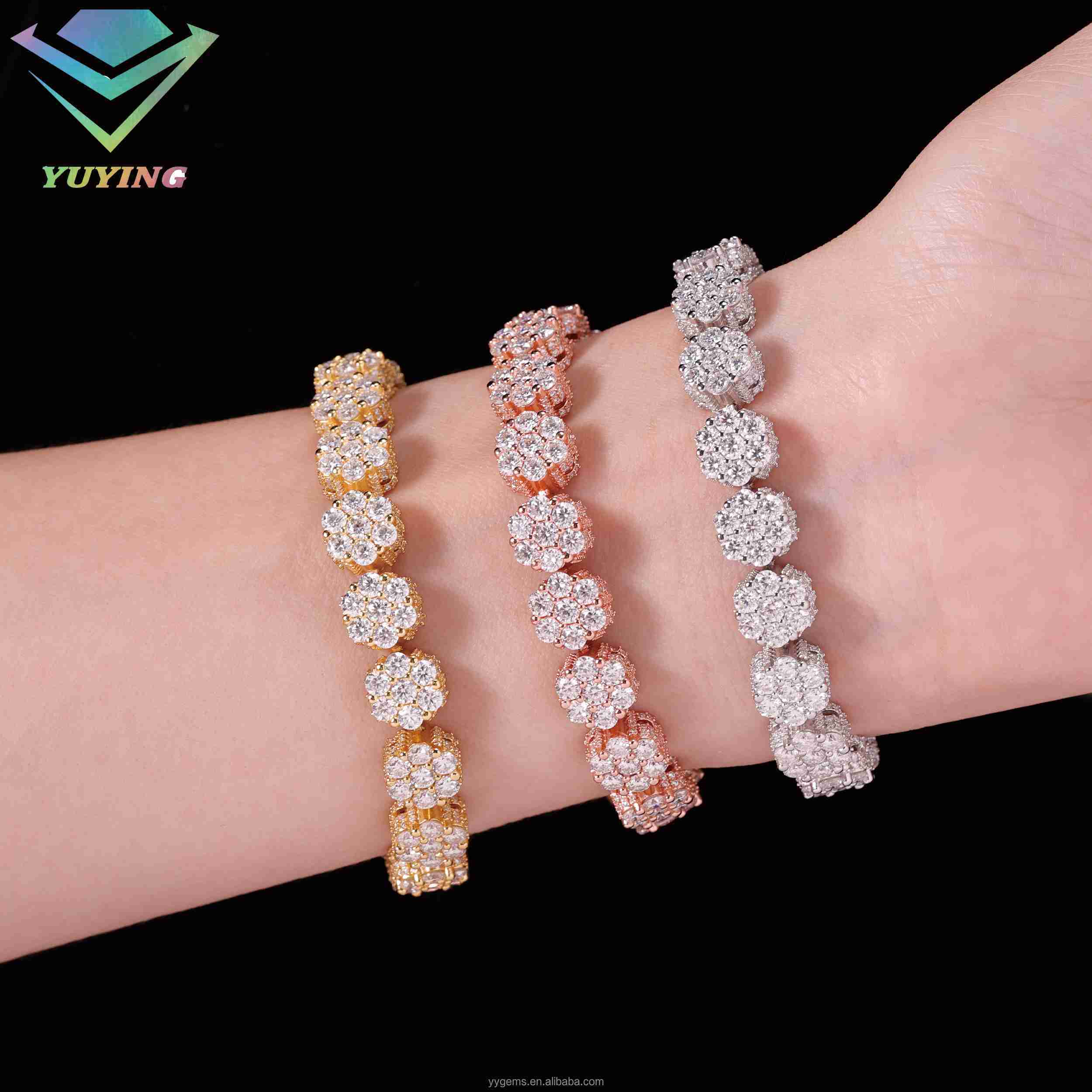 Flowers Shape Rose Gold Color Iced Out Diamond 8mm Bracelet S925 Silver Moissanite Bracelet Mens Women with GRA Certificates