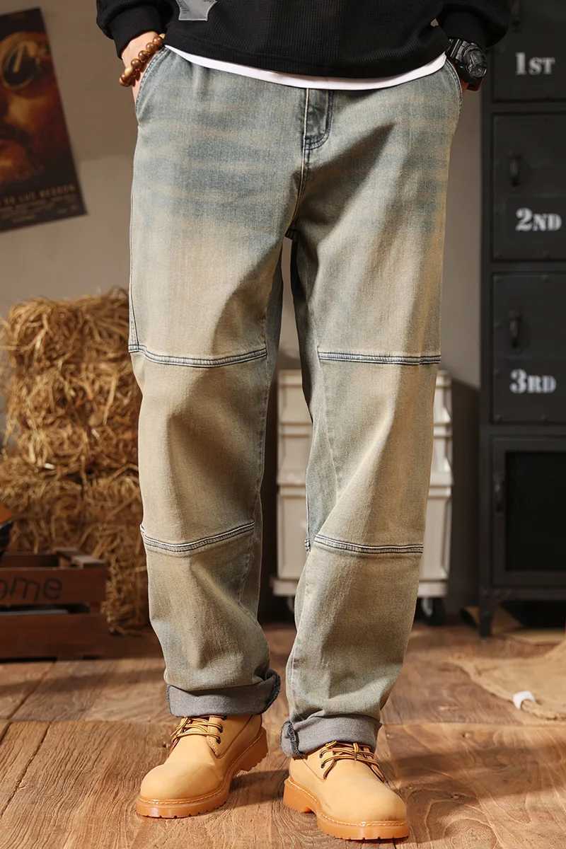 Trendy Mens Relaxed StraightLeg Jeans Mud Yellow Vintage Wash Stretch Denim for Casual Style Comfort Stretch Fabric W250905