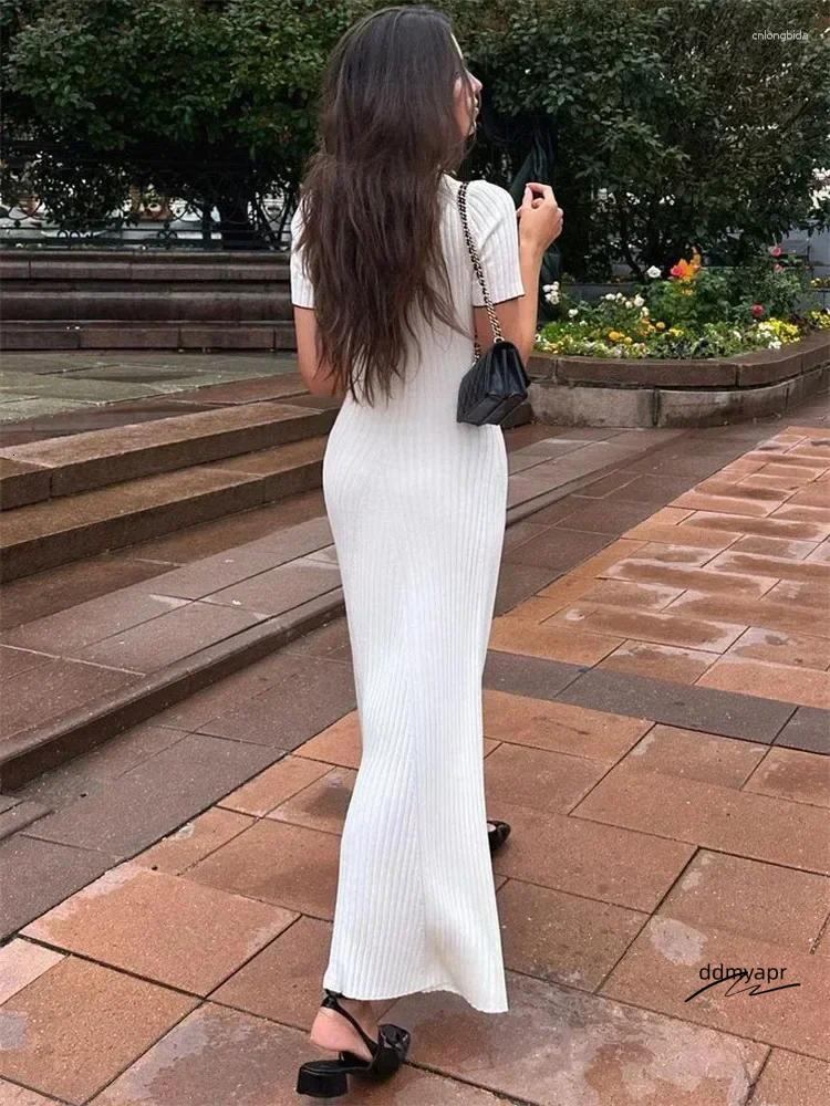 Casual Dresses White Knit Maxi ddmyday Dress For Women Short Sleeve Patchwork Elegant Party Lapel High Waist Knitwear Women's ddmyday ddmyday ddm