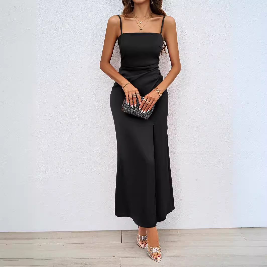 Womens Summer New Sexy Square Neck Backless Strap Dress with Slit