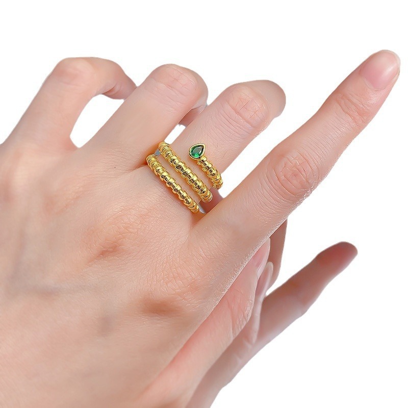Zhuozhifan Jewelry New S Pure Silver Gold Plated 3*4mm Simulated Emerald Snake Shape Zircon Women Brushed Ring