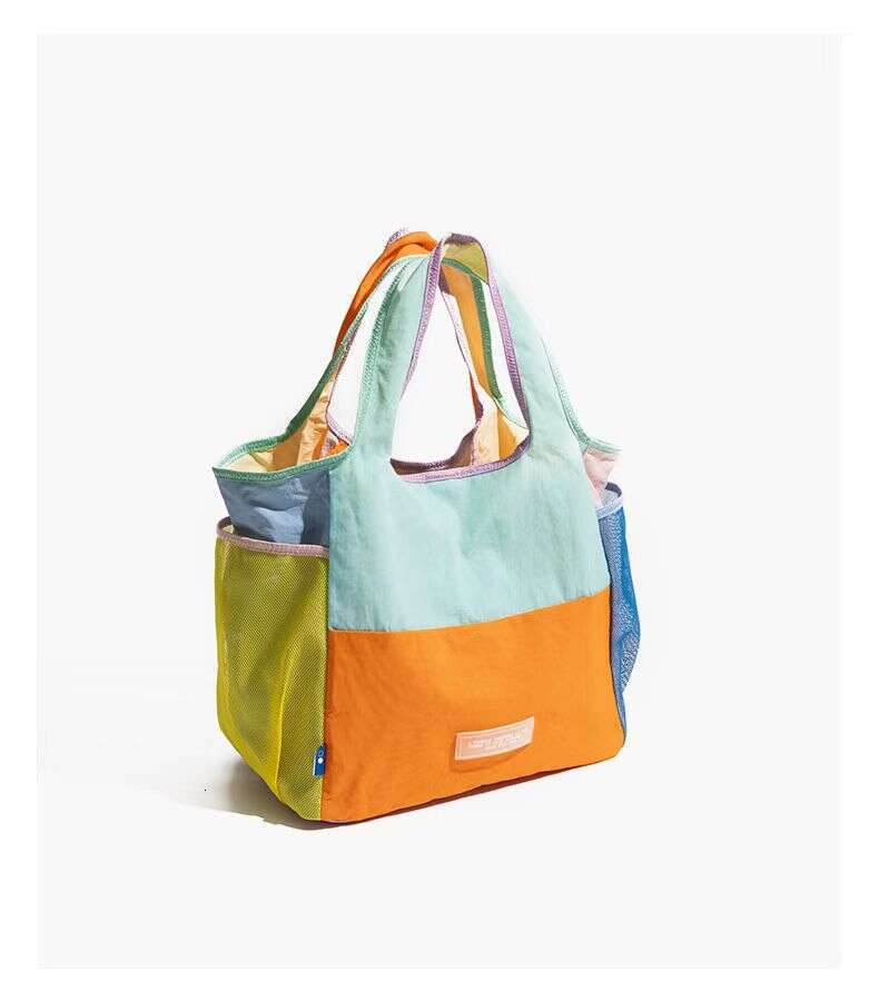 Niche Large Capacity Mommy Dopamine Color Block Tote Bag Lightweight Foldable Eco-friendly Storage Shopping Handbag