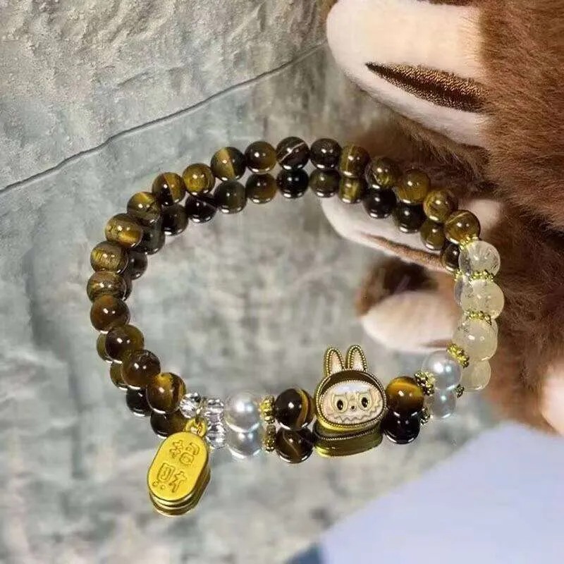 Labubu Fashion Women's Double Circle Tiger Eye Metal Bracelet with Lightweight Luxurious Elastic Cord Multi-Functional Simple Niche