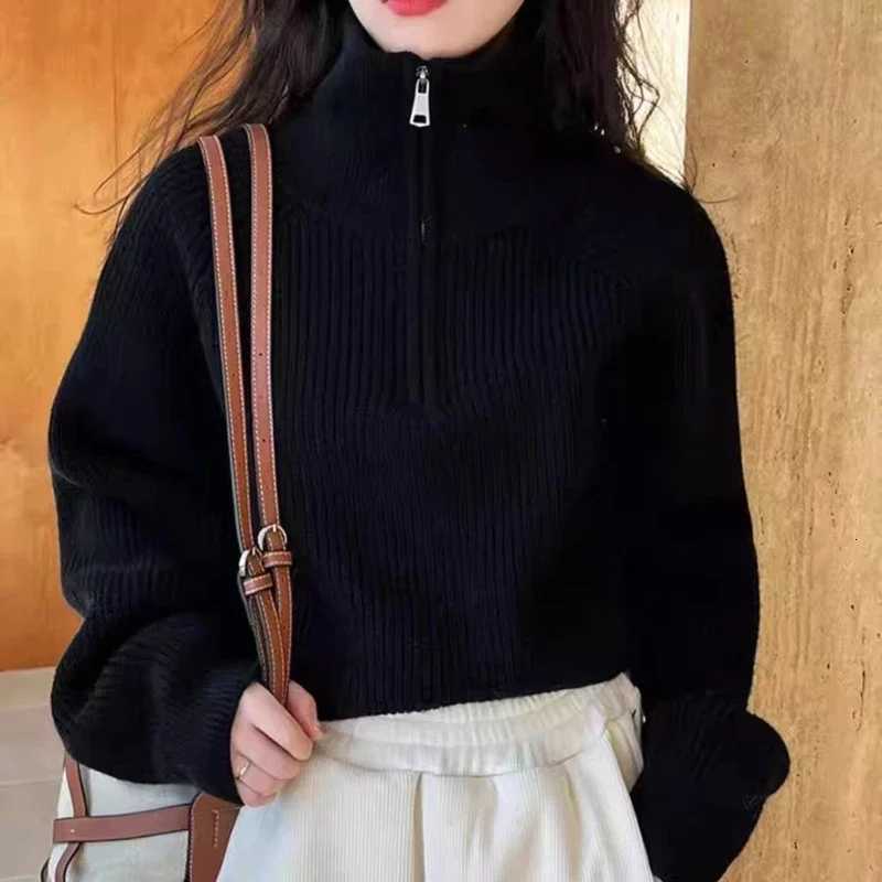Fashion New Red Semi High Neck Long Sleeved Women Pullover Sweater Autumn Winter Zipper Loose High Waist Thick Short Knitted top Z250905
