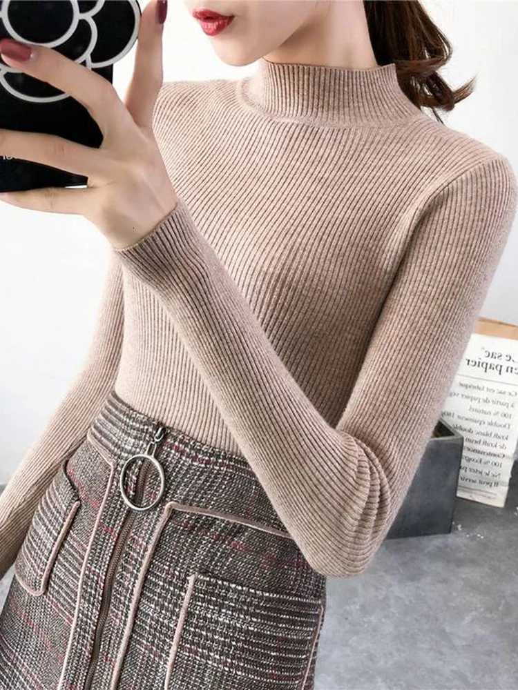 Autumn Winter Mock Neck Women Sweater Vintage Basic Solid Knitted Tops Casual Slim Pullover Korean Sweaters Simple Chic Jumpers Z250905
