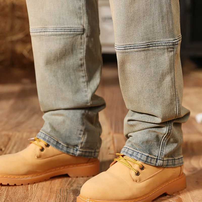 Trendy Mens Relaxed StraightLeg Jeans Mud Yellow Vintage Wash Stretch Denim for Casual Style Comfort Stretch Fabric W250905