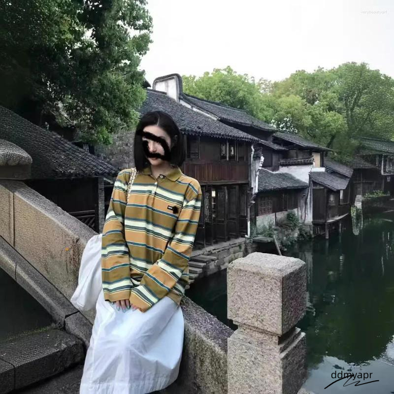 Women's T Shirts Spring And Summer Ddmydec Clothing Letter Embroidery Sticker Loose Striped Long Sleeved Polo Shirt Top Ddmydec Ddmydec Ddmydec