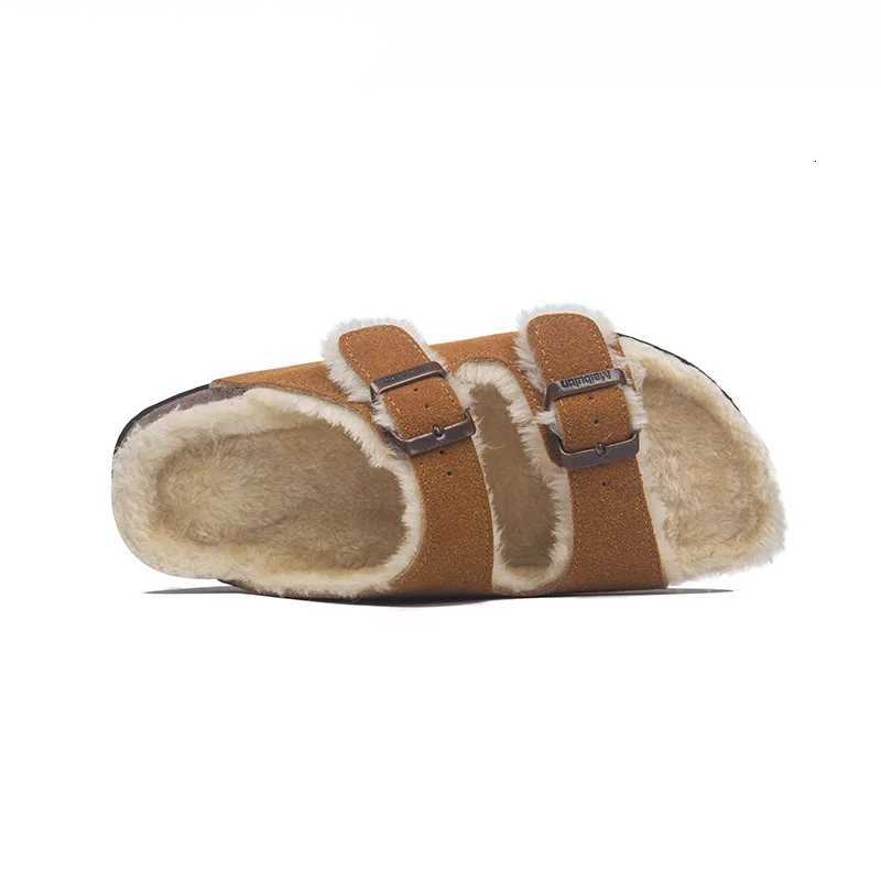 44 45 big size wool fur cork slippers women double buckle band long plush winter slides furry outdoor footwear flip flops women W250905