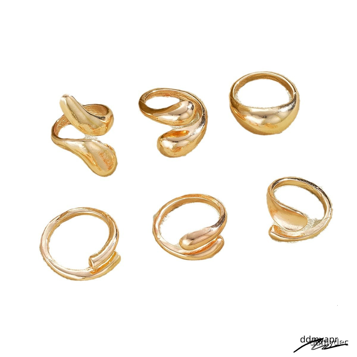 Explosive Irregular Droplet Niche Metal Texture Smooth Exaggerated Geometric Opening Ring, 6-Piece ddmydec Set ddmydec
