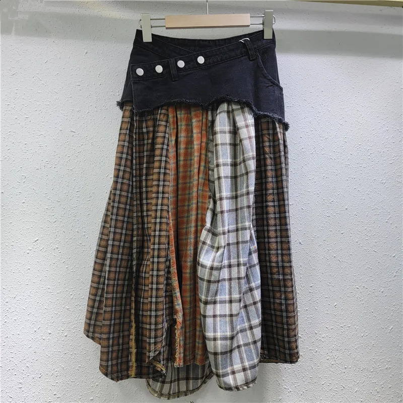 Plaid Spliced Skirts Denim Women Loose Button A Line Skirt Y2k Streetwear High Waist Summer Pockets Street 250905