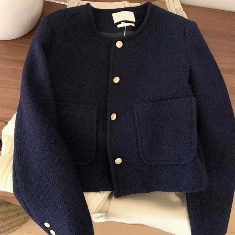Vintage Style Purplish Blue Tweed Jacket Round Neck French Elegance Commuting Spring Autumn Trendy Fashion Outerwear Z250905