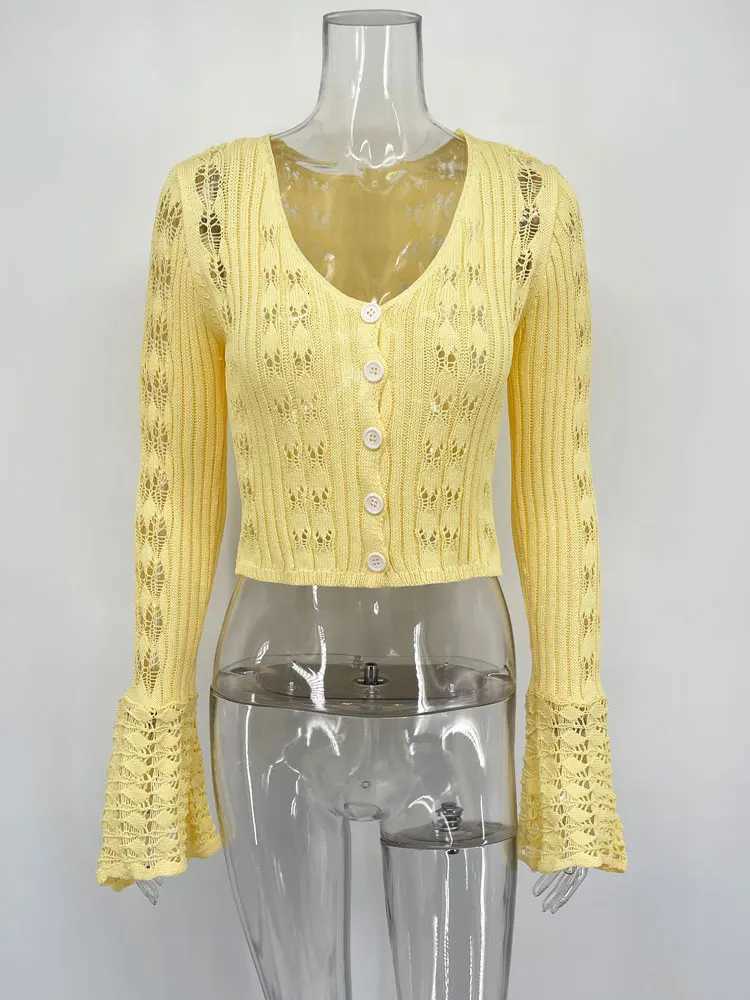 Tossy Knitwear Hollow Out Sweater Cardigan Women VNeck Long Sleeve SeeThrough Cropped Top Summer Knit Patchwork Cardigan Top Z250905