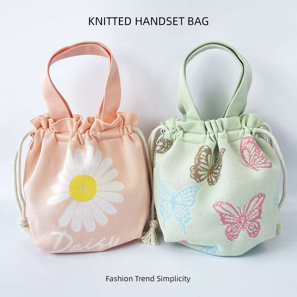 Knitted Bucket for Women with Cartoon Pattern, Cute Handbag, Casual Versatile Drawstring Tote, Underarm Bag, Lunch Bag