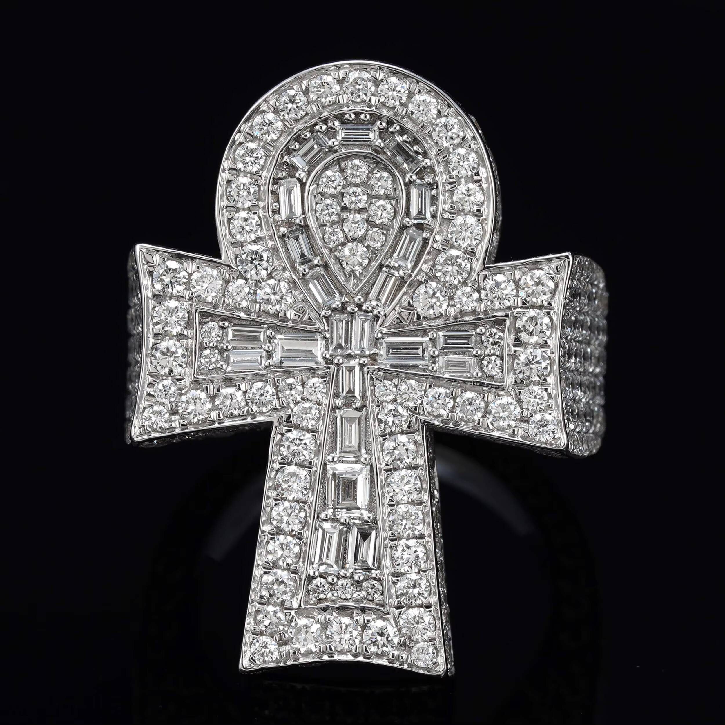 925 Sterling Silver VVS1 Lab Grown Diamond Ankh Cross Ring for Men Iced Out
