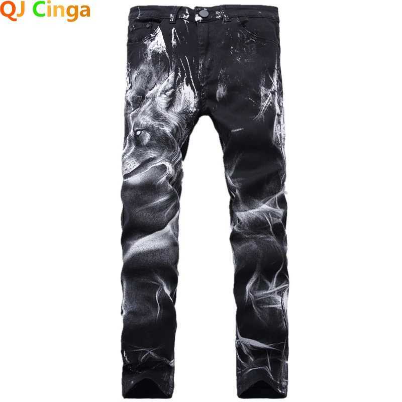 Blue Men 3D Printing Jeans Denim Black Wolf Pattern Printed Punk Straight Cotton Casual Print Denim Pants Asian Size 2842 W250905