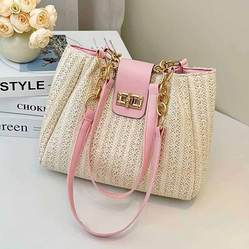 Elegant Womens Woven Fabric Shoulder Bag with Adjustable Chain Strap Front Flap Button Closure Professional Use Woven Handbag Z250903