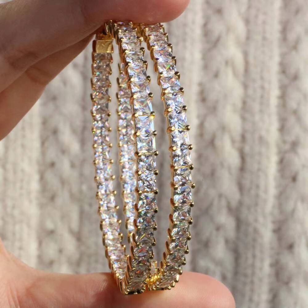 Shinny Super Huge Square Cut Moissanite Large InsideOut Baguette 6cm Hoop Earrings 18k White Gold Iced Out