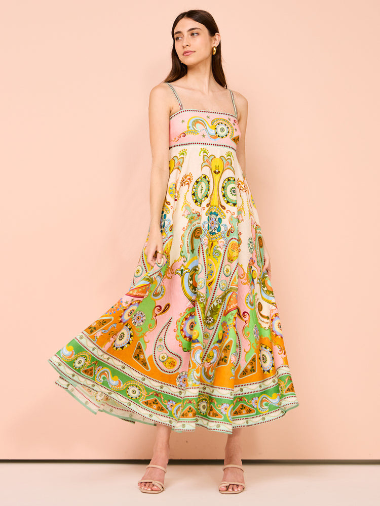 2024 Summer New Sexy Spaghetti Strap Elegant Printed High Waist Flared Dress for Women