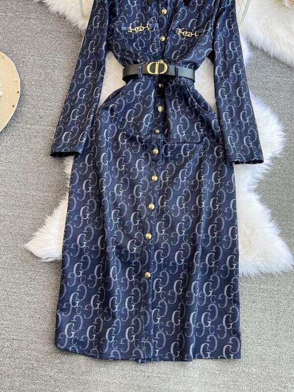 Spring And Autumn High-End Socialite Elegant Long-Sleeve Turn-Down Collar Elegant Waist-Cinching Mid-Length A-Line Letter Print Shirt Dress