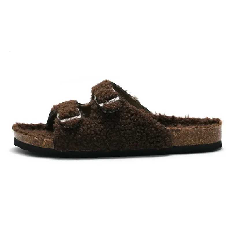 New Sheep Fur Cork Slipper Autumn Winter Men Women Casual Genuine Leather Outside Solid Buckle Soft Plush Slides Shoe W250905