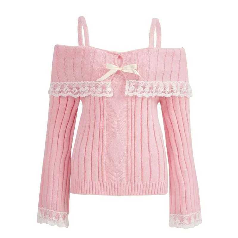 Women Off Shoulder Knit Sweater Pink Pullover Sweet Pullovers Long Sleeve Bow Lace Patchwork Jumpers Y2k Streetwear Z250905
