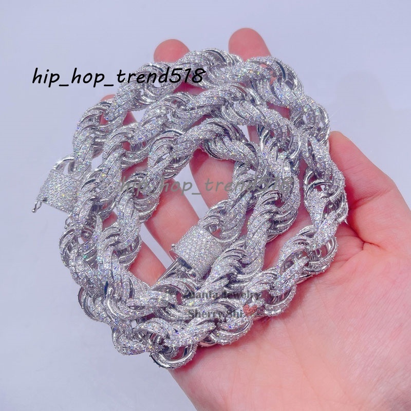 Drop Shipping Rose Gold 925 Silver 15mm Micro Pave Vvs Moissanite Diamond Rope Chain