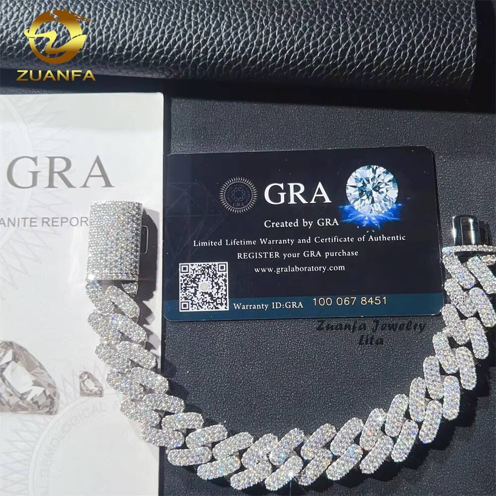 Hip Hop Style Iced Out 16mm Three Row 925 Silver Moissanite Cuban Link Chain Bracelet for Men