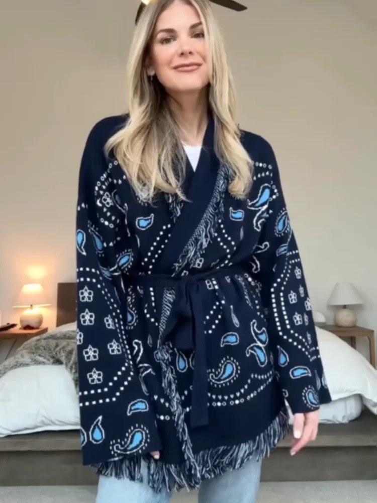 Tassel Patchwork Printed Cardigan Women Geometric Patterns Belts Vneck Long Sleeve Knitted Street Lady Sweater 2025 Autumn Coat250905
