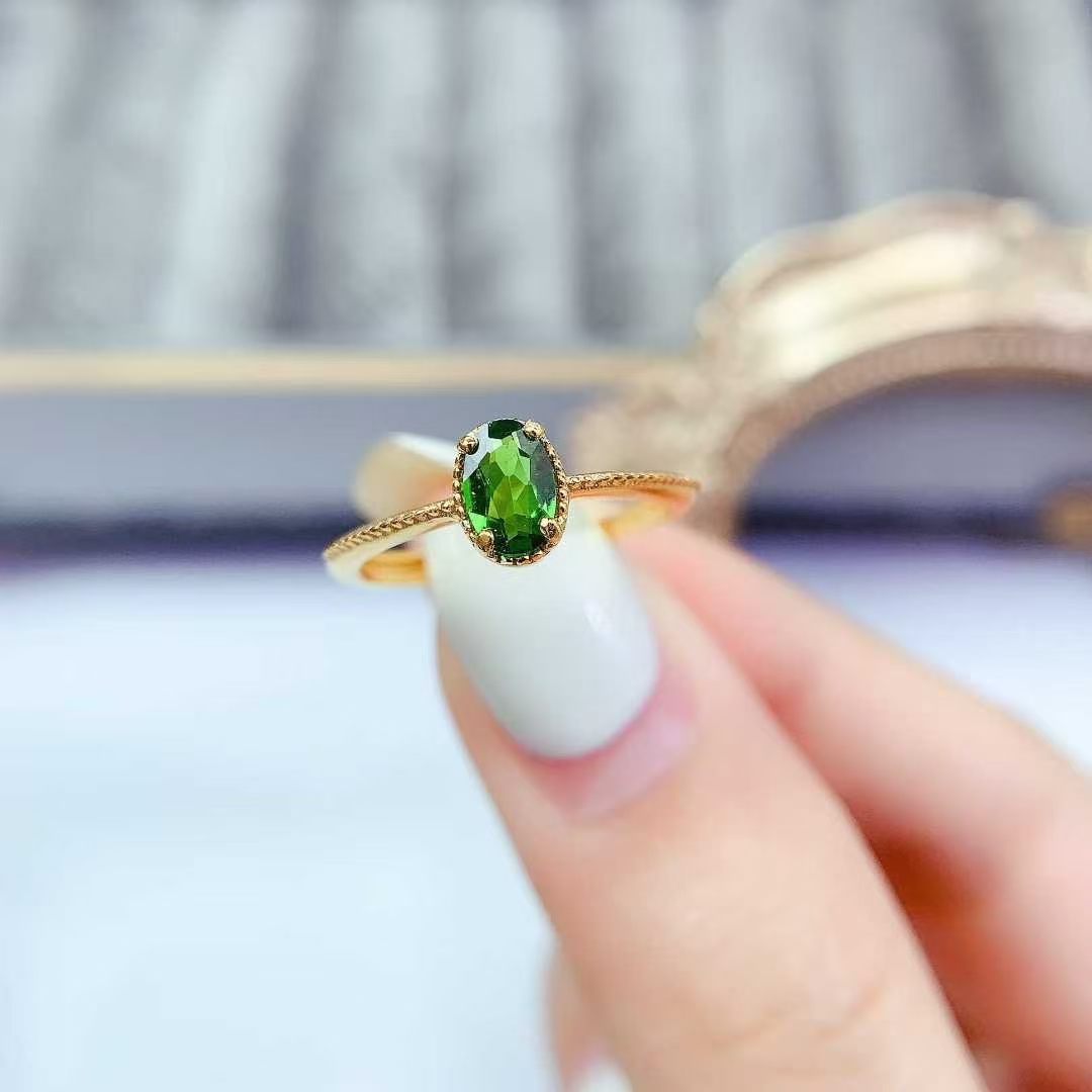 Simple 925 silver ring natural chrome diopside ring with certificate 18K gold plated sterling silver diopside jewelry