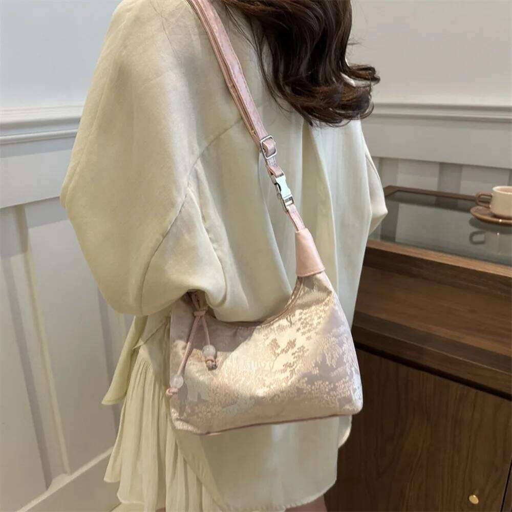 Embroidery Shoulder Nylon Texture Small Armpit Bag Pearl Pendant Bucket Handbag Women Girl