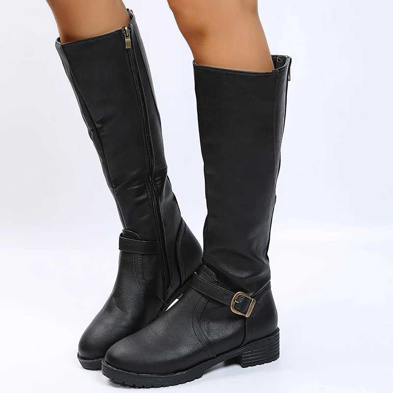Vintage Brown Women Knee High Boots Big Size Low Heels Platform Long Boots Autumn Winter Pu Leather Women Warm Booties L250905