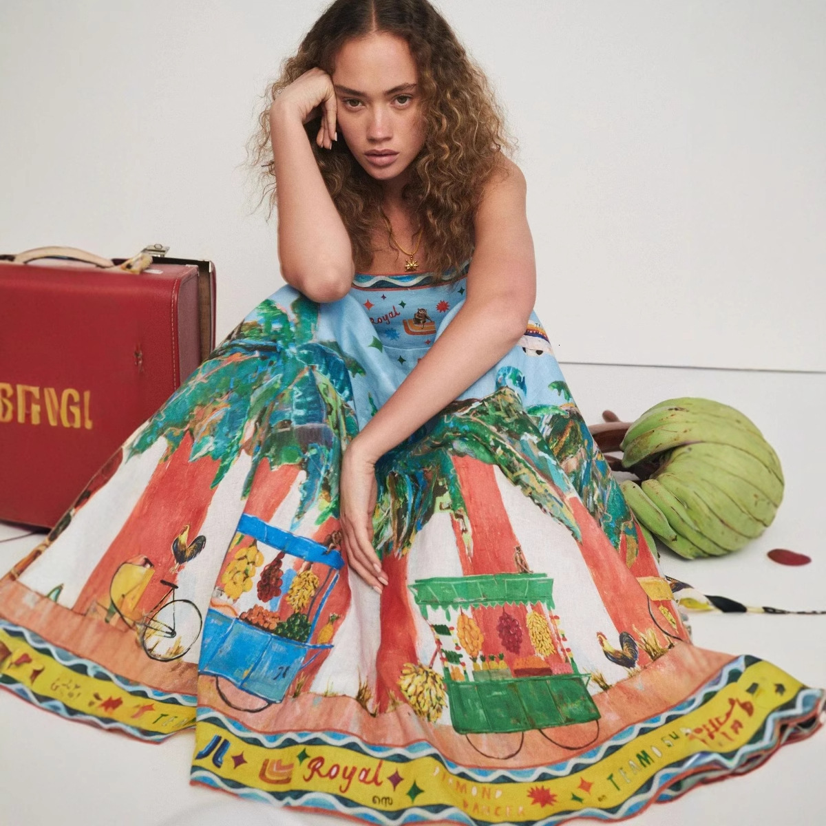 2025 New Sexy Strap Graffiti Cotton Linen Printed Flared Dress for Women