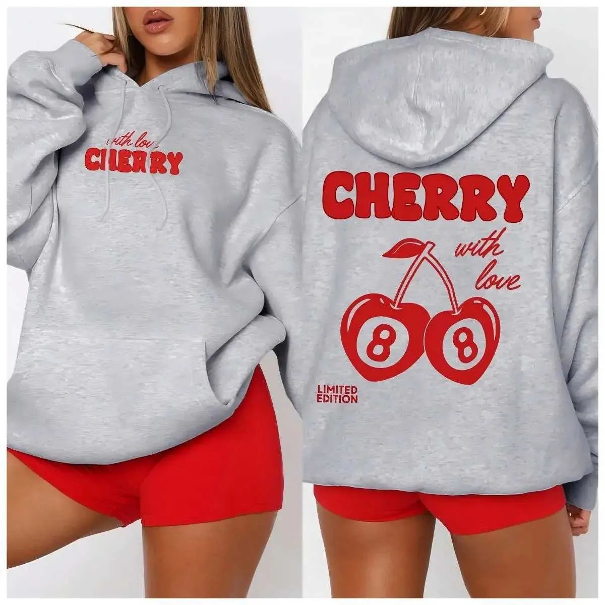 Women's Hoodie Women's Women's Designer Hoodie New Cherry Print Women's Casual Autumn And Winter Long Sleeved Pullover With Drawstring Hooded Sweatshirt