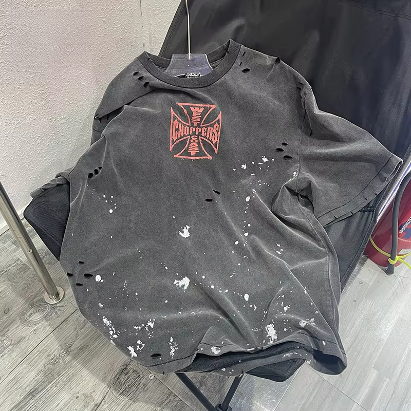 Summer Hip Hop Vintage Washed Black Damaged Hole T Shirt Men Women Cross Logo T-Shirt Splashed Ink Tee