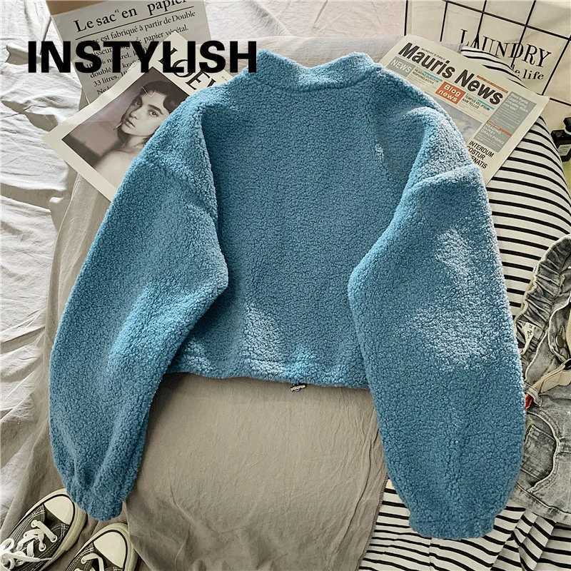 Women Stand Neck Fleece Cropped Hoodies Autumn Letter Embroidery Long Sleeve Drawstring Sweatshirt Elegant Plush Velvet Tops Z250905