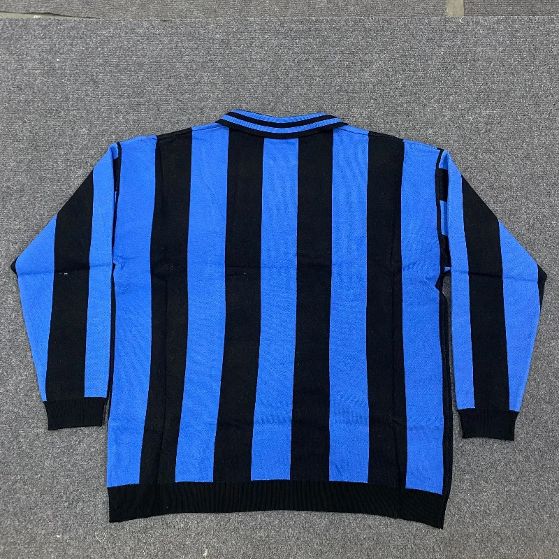 Double tone polo collar sweater with ed letters vintage pullover for men loose striped top winter 250905