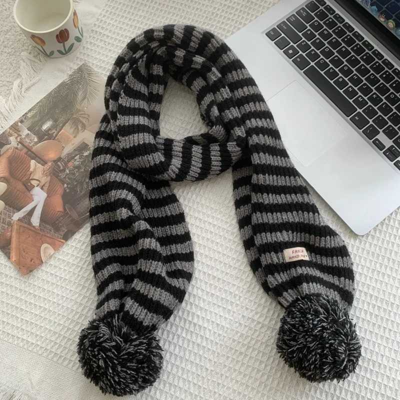 Winter Women Warm Stripe Scarf Knit Spring Thick Warm Winter Ball Scarves Winter Casual Warmer Women Scarves For WomenXJ250905