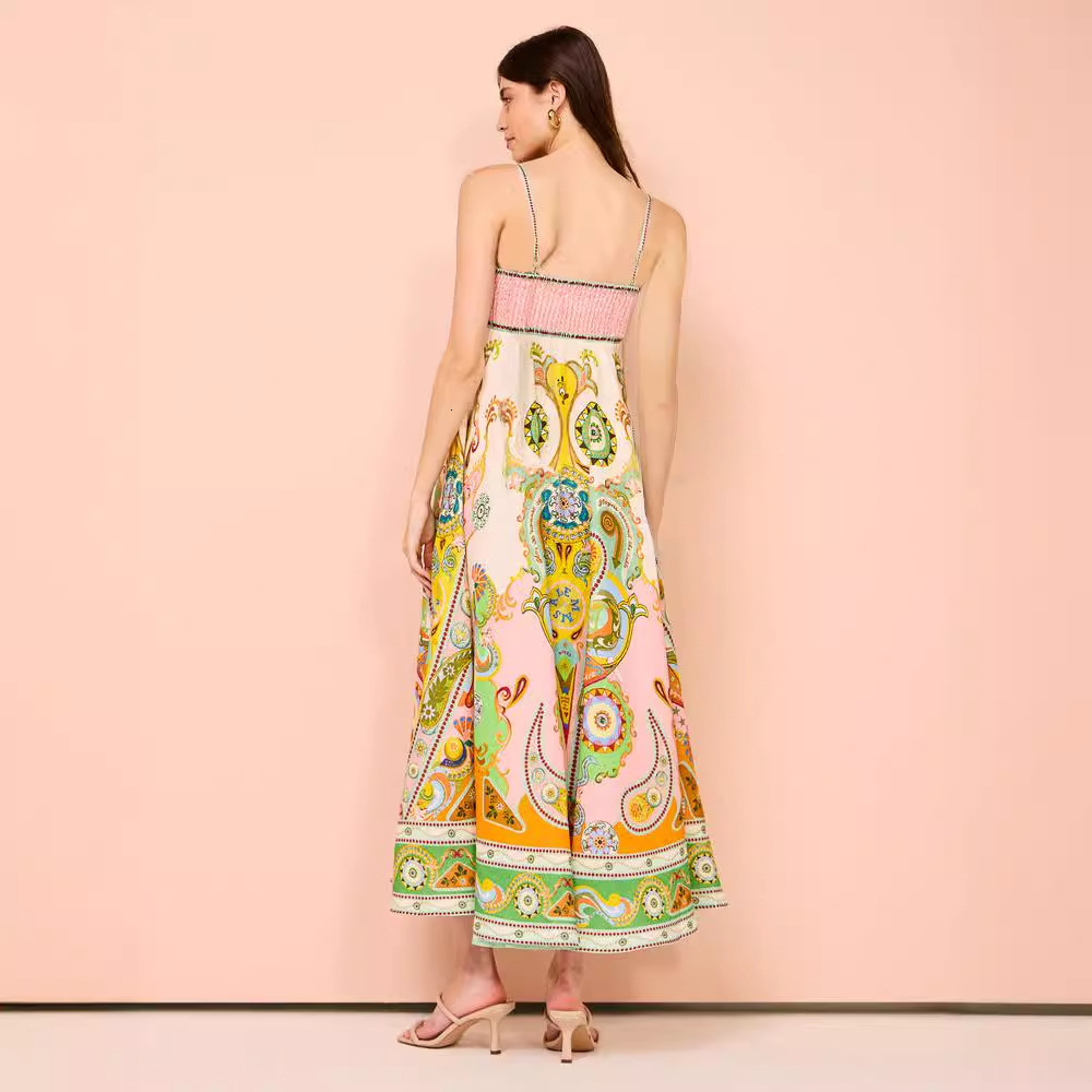 2024 Summer New Sexy Spaghetti Strap Elegant Printed High Waist Flared Dress for Women