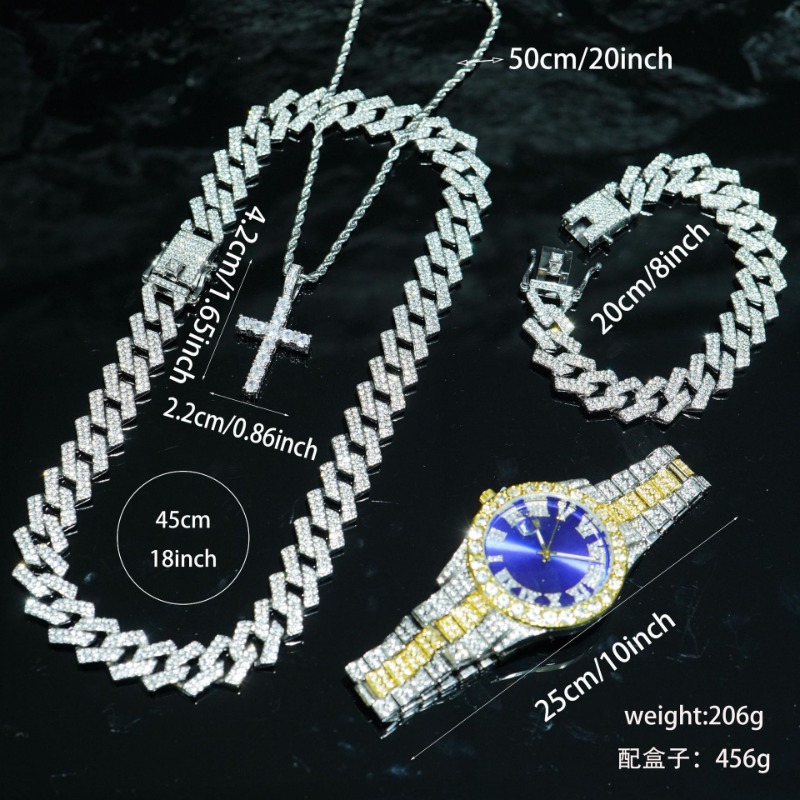 Fashionable Mens' Accessory Kit Classic Leather Strap Analog Watch Combined With Sturdy Rhombus Link Bracelet
