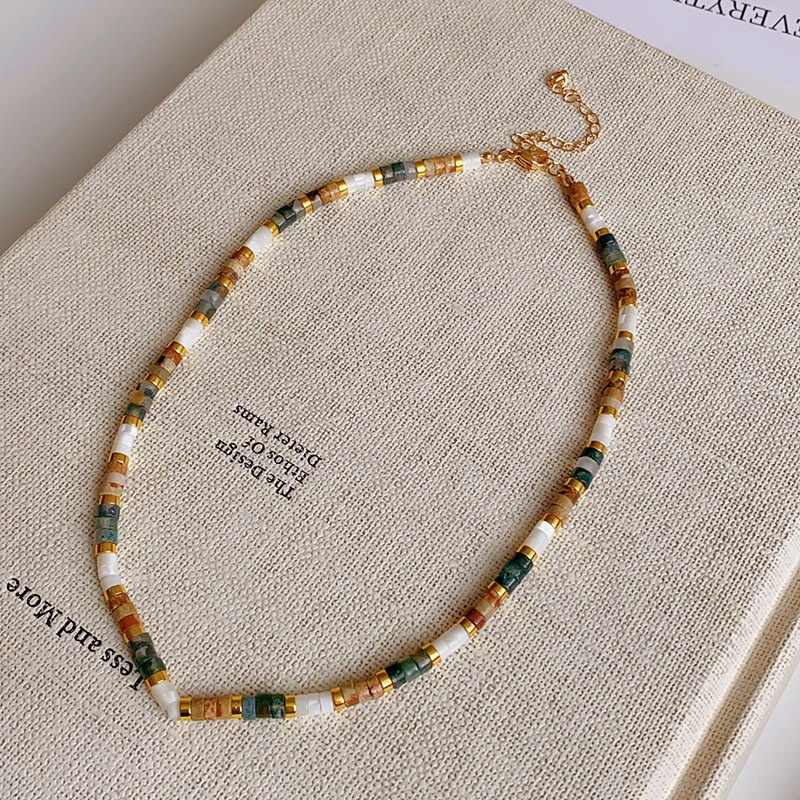 Gold Tone Beaded Choker Necklace With Multicolor Natural Stone & Shell Detail Boho Chic Style Daily & Vacation Wear Gift For Her Handmade-Like Jewelry