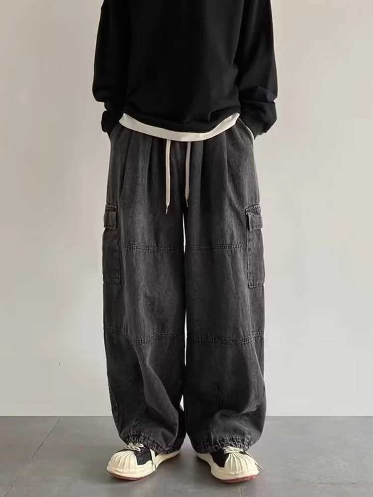 Denim Trousers For Men Adjustable Drawstring Y2k Versatile Baggy Cargo Jeans Mens Hippie Jogging Wide leg Pants Male Streetwear W250905