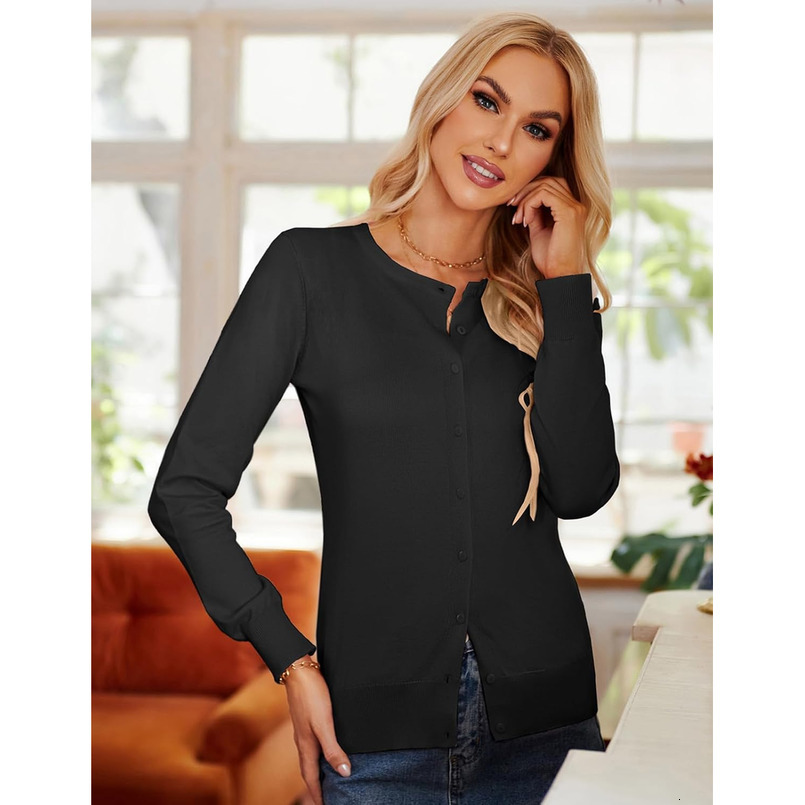 Women's Long Sleeve Button Down Crew Neck Classic Sweater Knit Cardigan