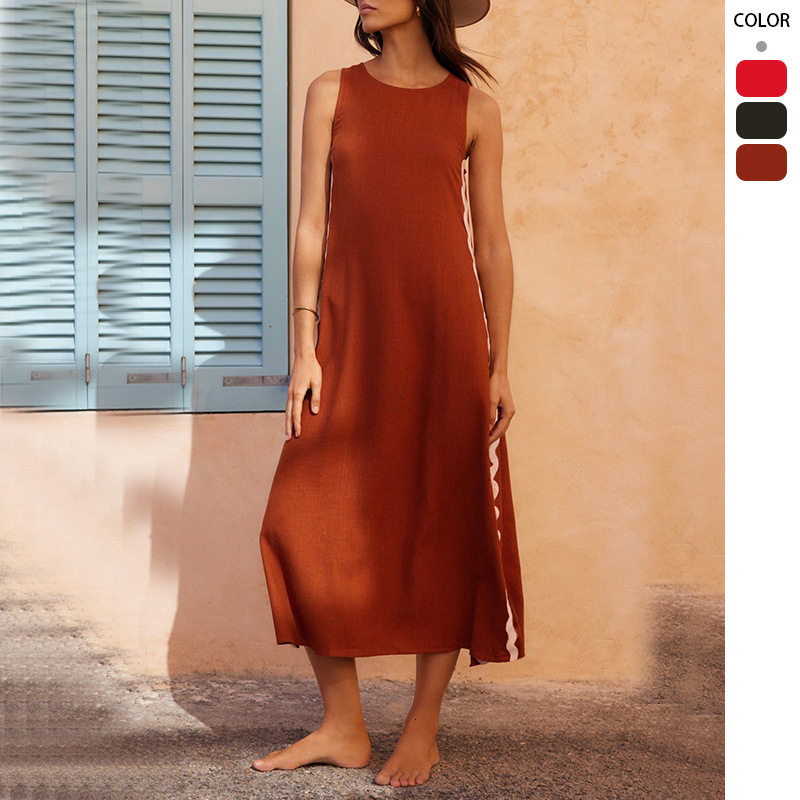 2025 SpringSummer New Casual Fashion Sleeveless Round Neck Solid Color Patchwork Lace Split MidLength Dress for Women