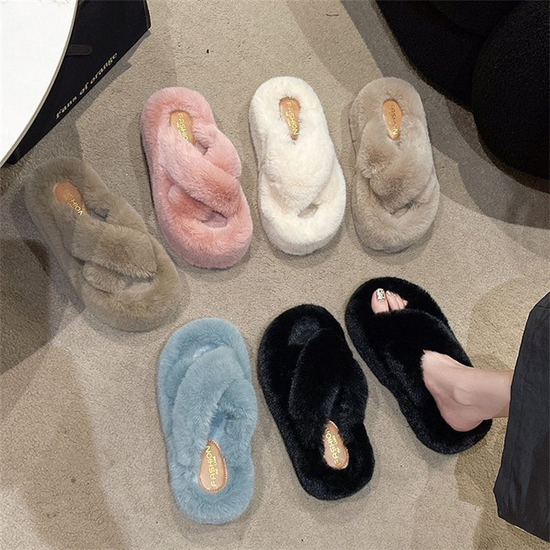 Free shipping designer hot sales new thick soled hairy slippers for women in autumn and winter versatile and vintage comfortable cotton slippers for outdoor wear