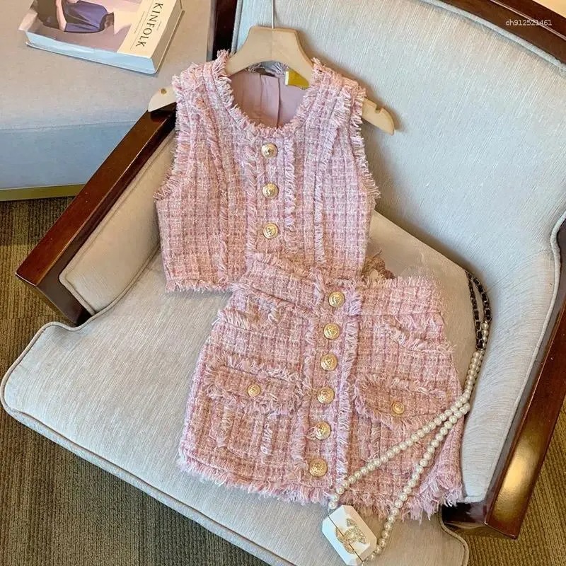 Two Piece Dress 2025 Summer Pink Tweed Set Elegant Sleeveless Vest & A-Line Skirt Co-ord Korean Luxe Two-Piece Suit Rich Girl Matching
