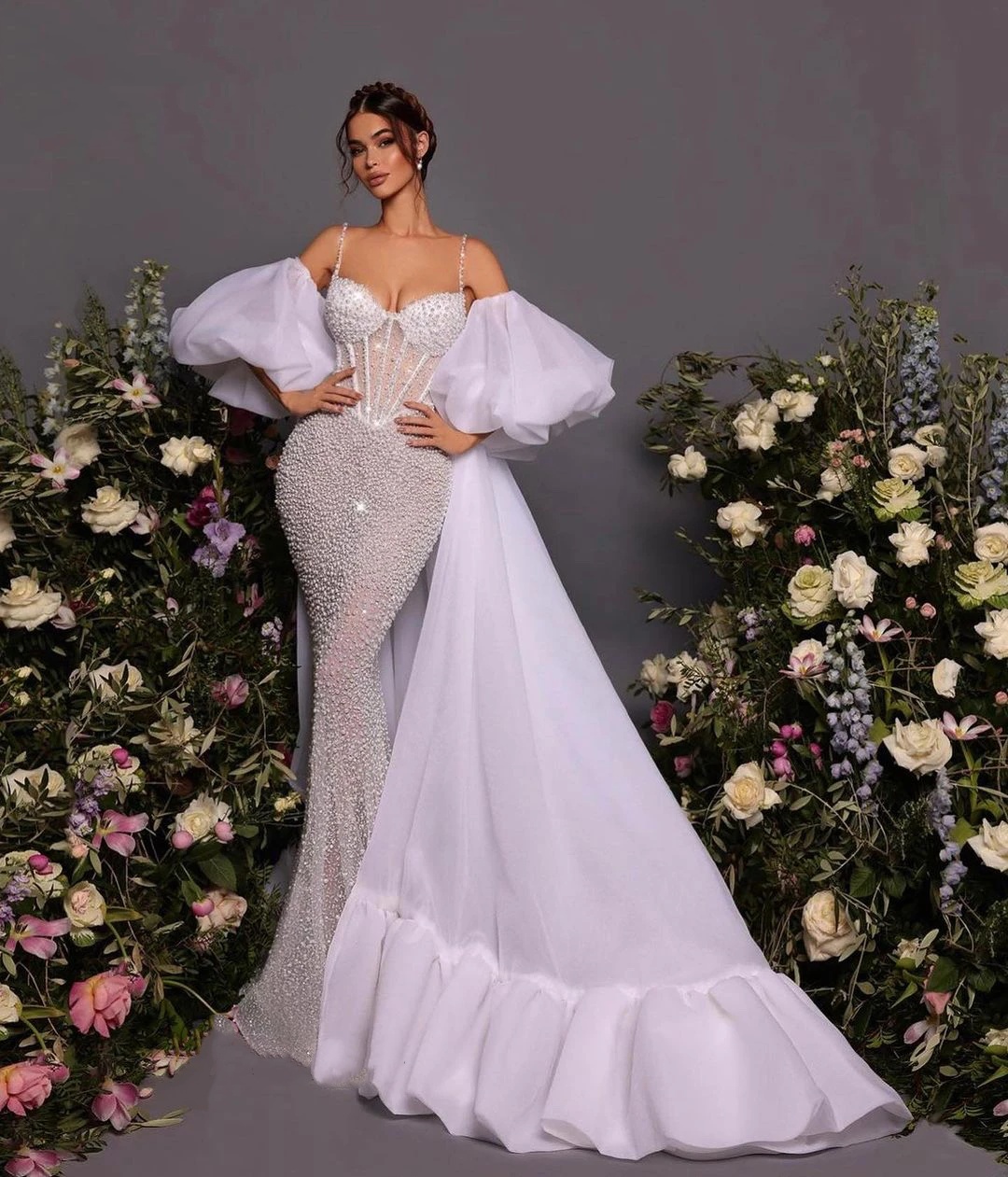 Luxury Mermaid Wedding Dress Pearls Beaded Bridal Gowns With Wrap Sweetheart Neck Spaghetti Strapless Sweep Train Dresses Custom Made vestidos de novi