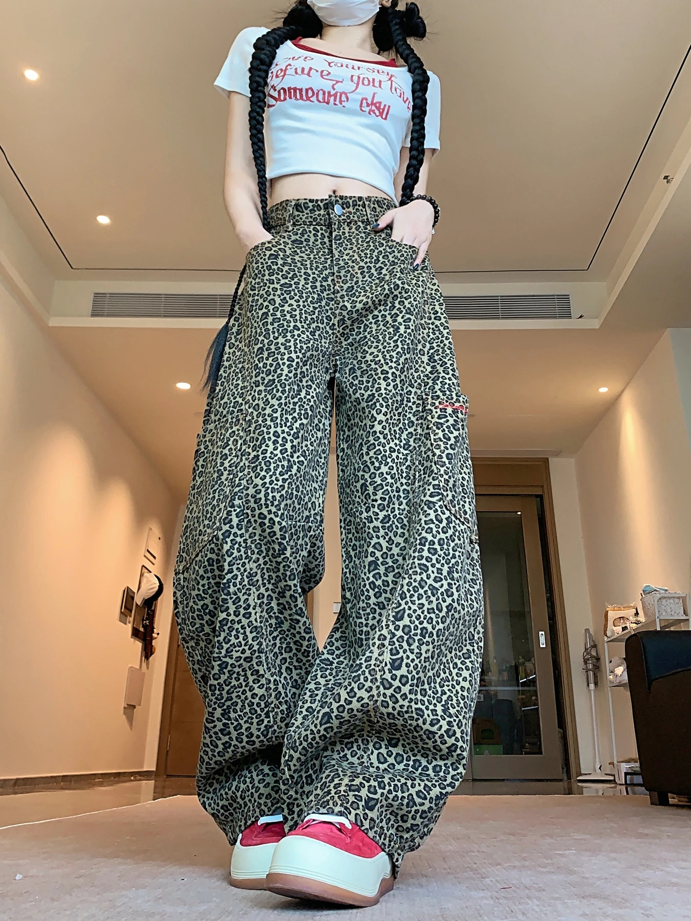 Botvot Baggy Leopard Print Jeans for Women Retro American High Waisted Y2k Denim Pants Hip Hop Straight Wide Leg Cargo Z260313