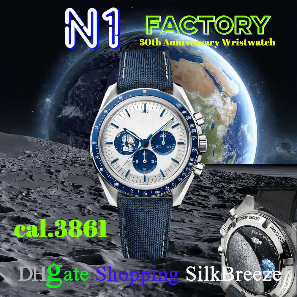 OME Men's Luxury Manual Mechanical Watch,Snoo Moon Watches 42mm Big Blue Dial Chronograph Watch 50th Anniversary Commemorative Watch 1970 Classic Business Style