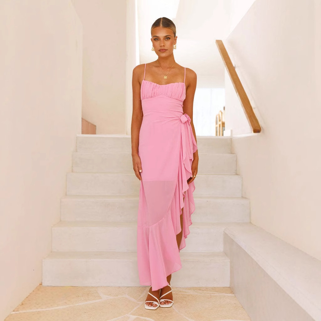 2025 Summer Sexy Womens Spaghetti Strap Backless Ruffle Irregular Dress Gown